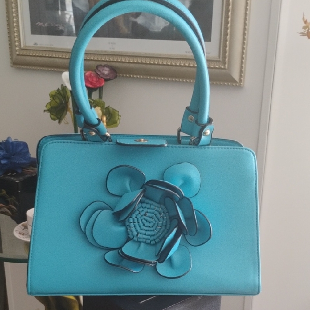 "For A Limited Time" Turquoise Floral Applique Satchel - Women Bags
